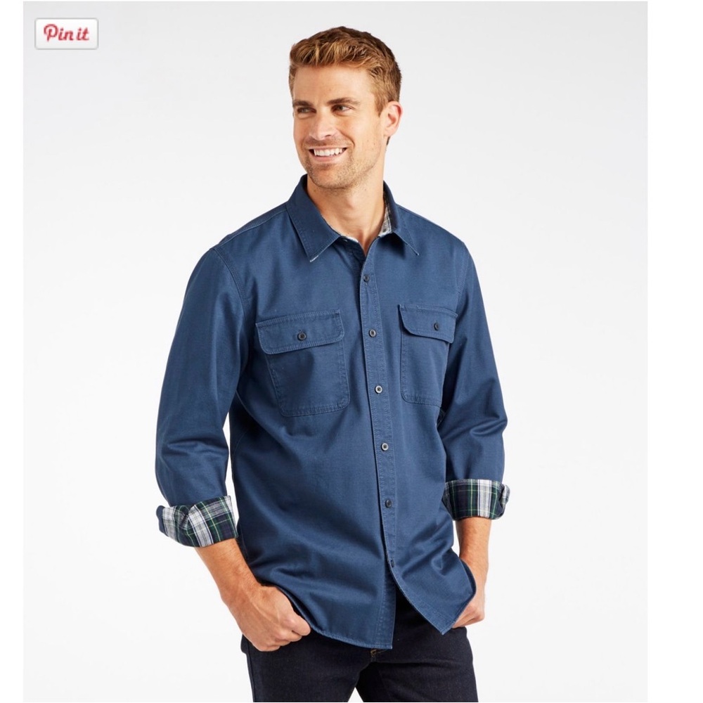 L.L. Bean Men's Navy Blue Button-Up Shirt with Plaid Cuff